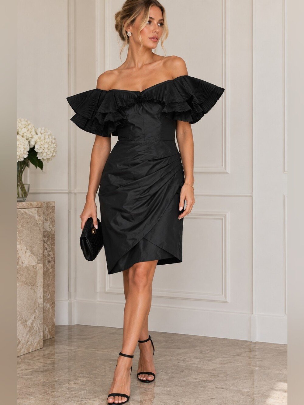Alessandra Rich Black Pleated Ruffle Off Shoulder Midi Dress IT 44